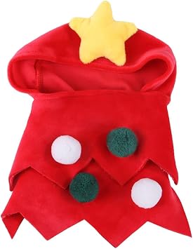 Christmas Tree Costumes for Dogs Cats Triangular Cutting with Gold Star and Hairballs Decor, Christmas Carnival Pet Costume or Other Theme Party Cosplay Dress Up Decoration, Red M