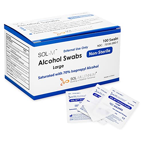 SOL-M Alcohol Swabs | 100 Medium Alcohol Prep Pads for Skin Prep & Injection | Individually Wrapped Alcohol Pads | Saturated with 70% Isopropyl Alcohol