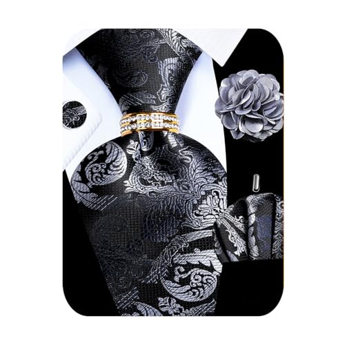Image of 5PCS Mens Premium Silk Tie, Pocket Square, Cufflinks, Drilled Tie Ring and Lapel Pin Set for Wedding Groom Party