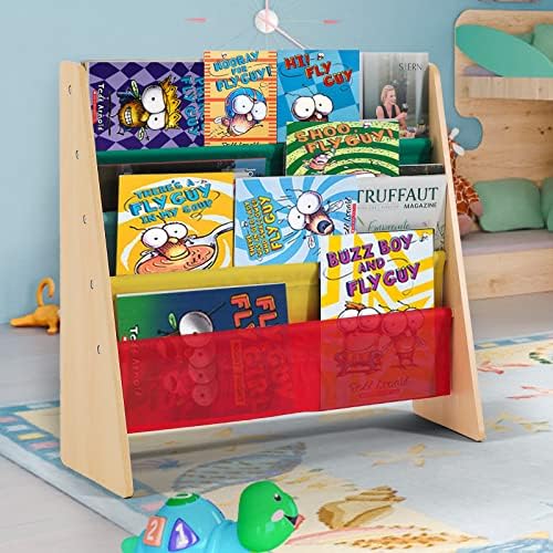 Unibos | Kids Colourful Sling Storage Bookshelf | Wooden Bookshelf | Easy Access | With Nylon Fabric Shelves | Perfect Height for Your Little Reader | for Toddlers Bedroom Playroom | 4-Pockets