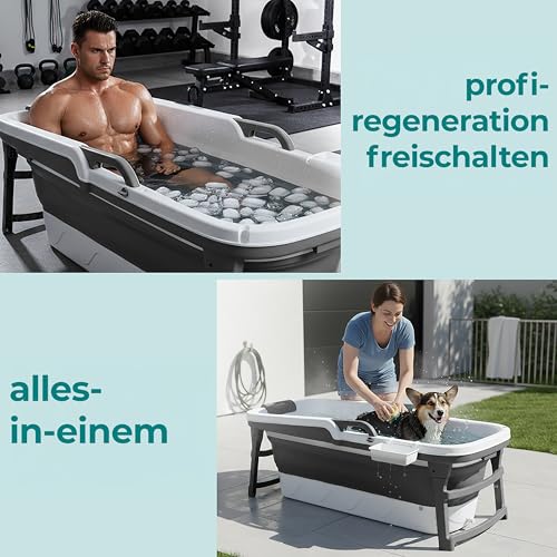 SereneLife Faltbare Badewanne Erwachsene 150 cm – Mobile Klappbare Badewanne für Dusche mit Deckel und Ablaufschlauch für Indoor und Outdoor, Dunkelgrau