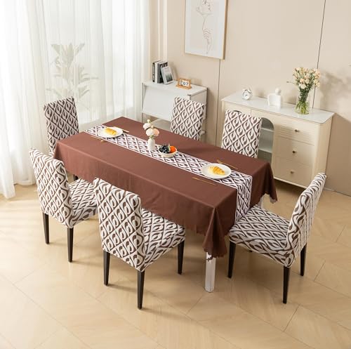 Image of HOMETHREADS Stretchable Elastic Jacquard Chair Seat Cover and Waterproof Dining Table Cover - Removable & Washable, Durable Seat Protector for Dining Room (Coffee, 4Chairs+1Table Cover (150X180))