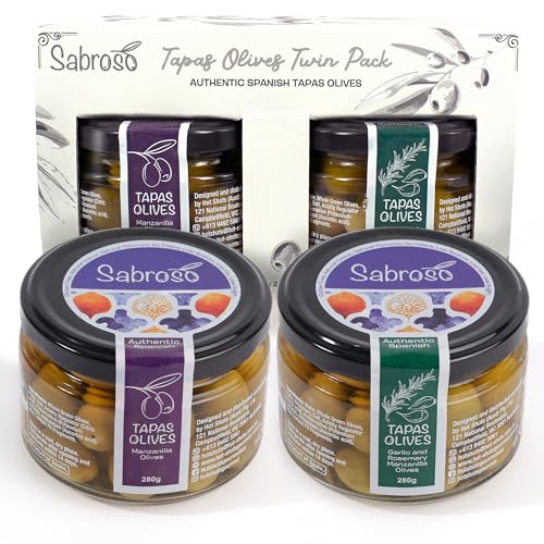 Sabroso Foods Twin Pack 560g, Manzanilla Olives and Garlic and Rosemary Manzanilla Olives in Olive Brine, Bold Flavour, Ideal for Snacks, Pasta, Platters and Mediterranean Recipes