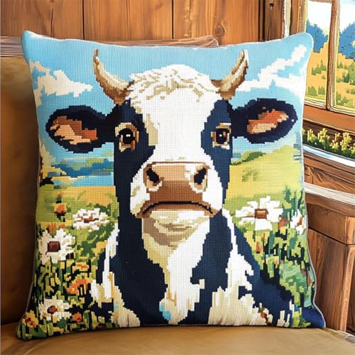 ANSIWEIGO Juego de cojines de nudos para anudar uno mismo, 43 x 43 cm, juego de anudados para niños y adultos, lienzo impreso, gancho de anudado, cojín de sofá 3D, decoración del hogar, granja vaca
