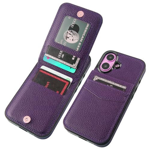 KIHUWEY for iPhone 16 Wallet Case Card Holder Kickstand, Lichee Dark Purple