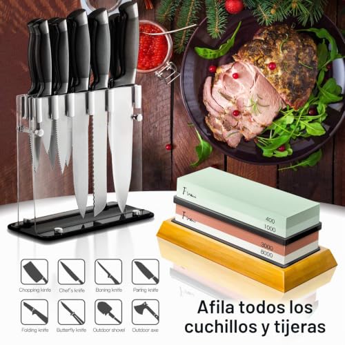 Miniatura 5 de Juego De Piedra De Afilar, Finew Piedra De Afilar Profesional 400 1000 3000 8000, Piedra De Afilar Para Cuchillos, Con Base De Bambú Antideslizante, Piedra De Aplanar, Guía Angular Y Tiras De Cuero