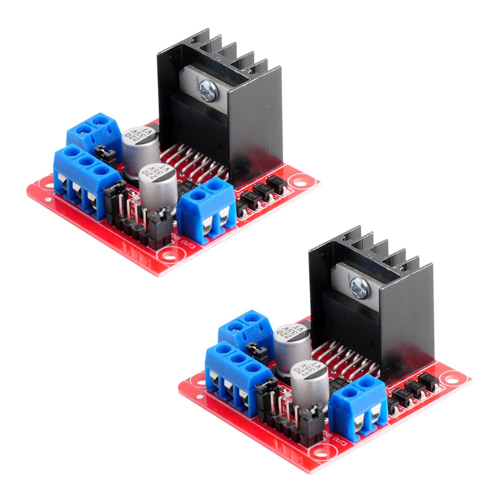Two L298N Motor Driver Modules with heatsinks and blue terminal blocks.