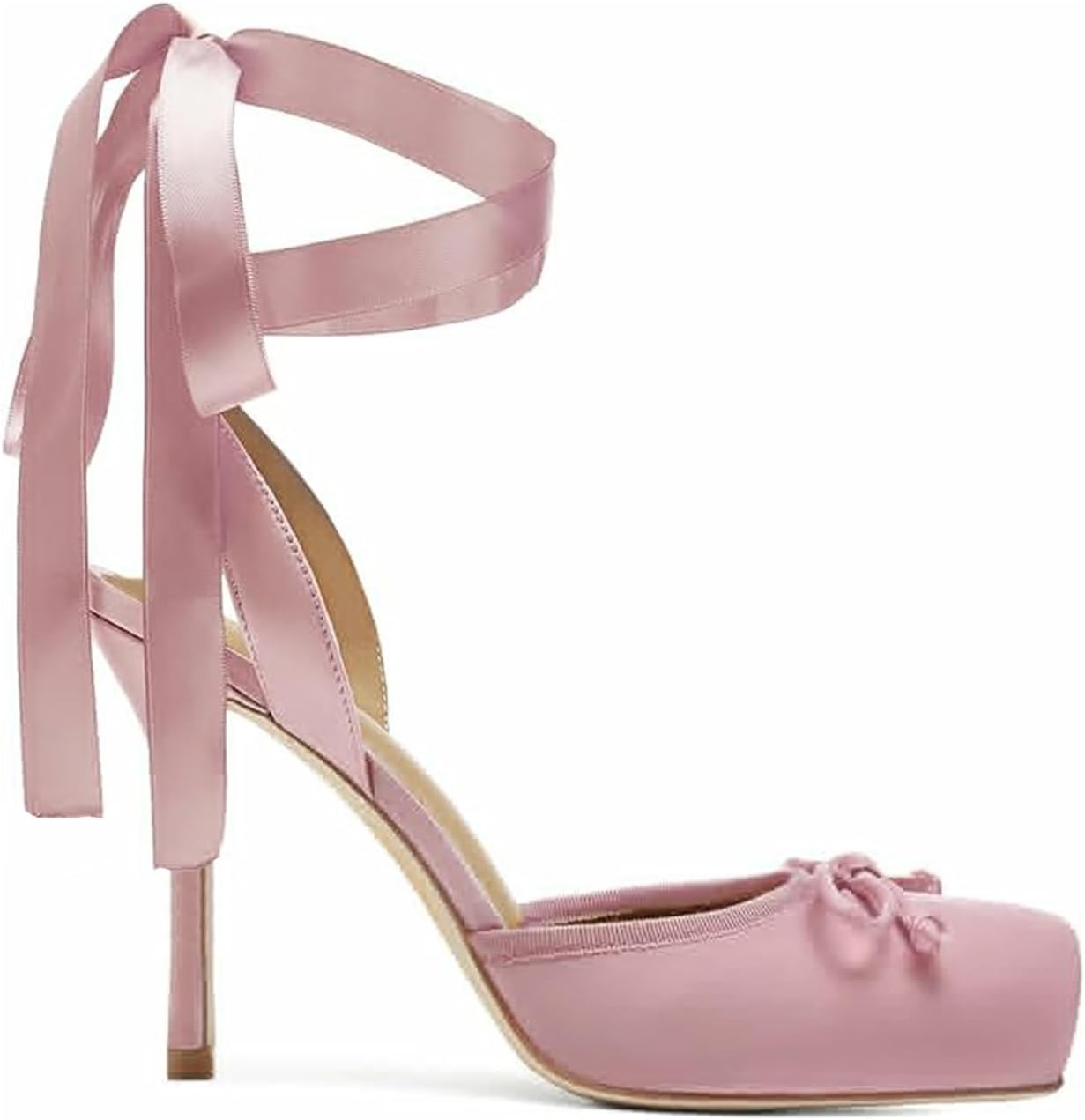Satin Ballet Heels Lace Up Closed Square Toe Stiletto High Bow Ballerina Slingback Pumps Strappy Mary Jane Elegant Shoes