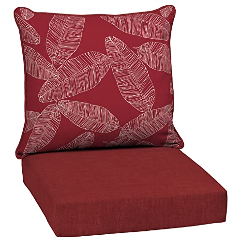 Image of Arden Deep Seat Outdoor Chair Cushion Set, 24 in x 24 in, Weather-Proof, Rain-Proof, Fade Resistant Patio Cushion Set for Chair, Sofa, and Couch Red Leaf Palm