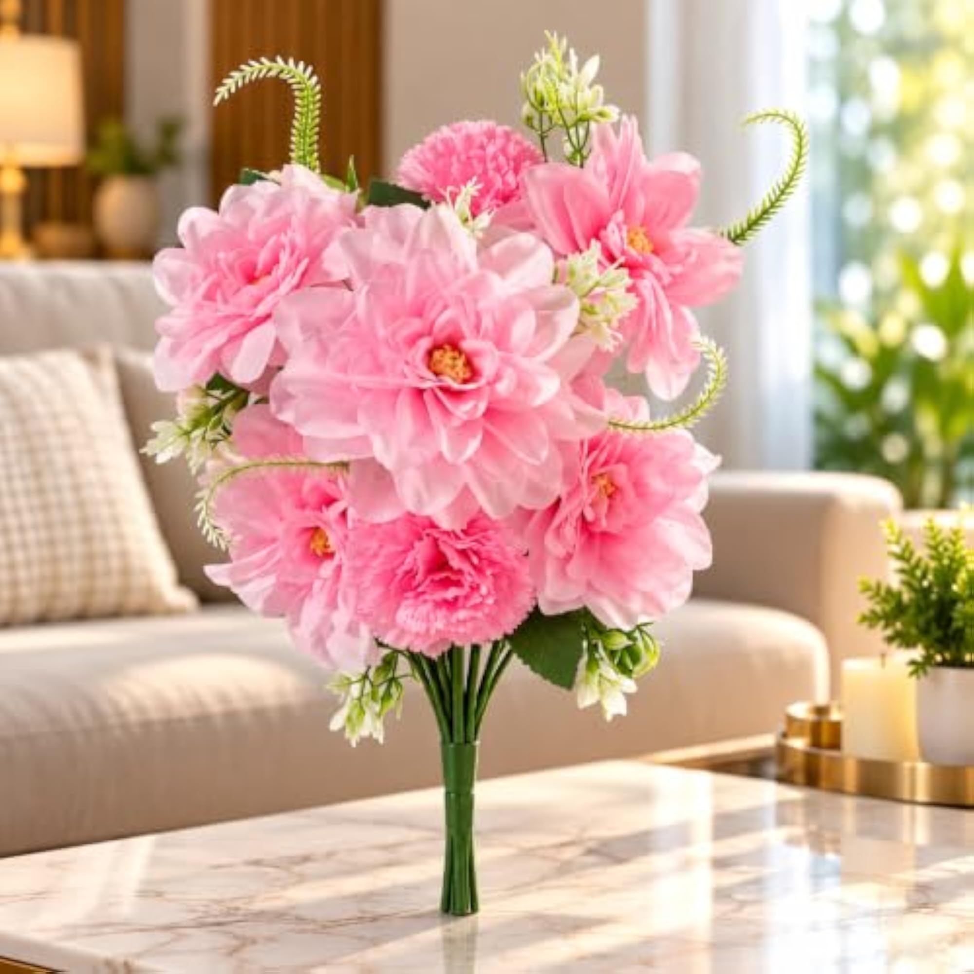 Artificial Pink Dahlia Flower Bunch, 7 Heads