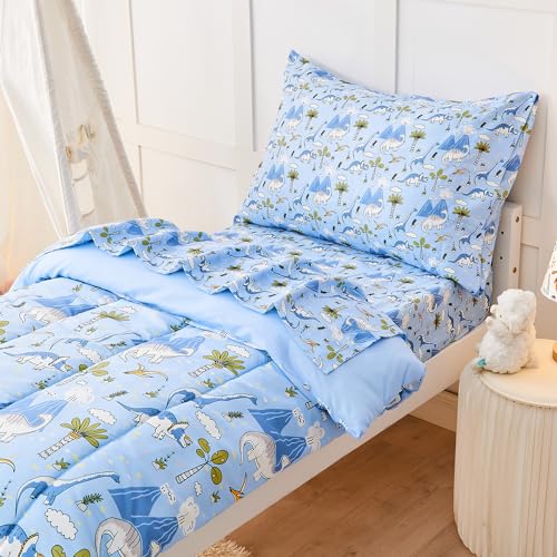 Image of lasoftan Dinosaur Toddler Bedding Set for Boys, 4 Piece Bed-in-a-Bag Toddler Comforter Sets, Super Soft and Comfortable Microfiber Todeeler Bed Set