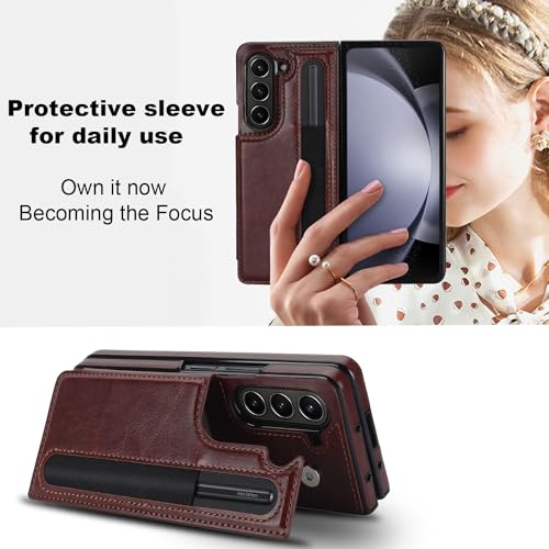 Asuwish Phone Case for Samsung Galaxy Z Fold 5 5G 2023 Wallet Cover with S Pen SPen Slot Credit Card Holder Stand Slim Rugged Mobile Flip Purse Cell Accessories ZFold5 Z5 G Fold5 5Z Women Men Brown by Asuwish - Used condition - Image 2