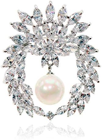 JIBSA Flower Shape Brooch Pin - CZ Stones & Pearl White Gold Perfect for Weddings Bridal Parties Ideal for Daily Wear Formal Fashion Look for Women (Angel)