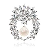JIBSA Flower Shape Brooch Pin - CZ Stones & Pearl White Gold Perfect for Weddings Bridal Parties Ide