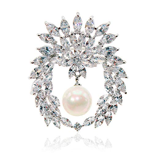 Jibsa Flower Shape Brooch Pin - Cz Stones & Pearl White Gold Perfect For Weddings Bridal Parties Ideal For Daily Wear Formal Fashion Look For Women (Angel) #TOP3