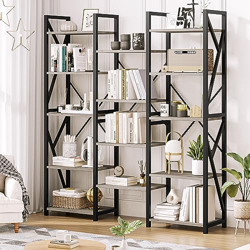 IDEALHOUSE Triple Wide 5 Tier Book Shelf, Tall Bookshelf with Open Display Shelves, Industrial Large Bookshelves and Bookcases with Metal Frame for Living Room, Bedroom, Home Office-Grey