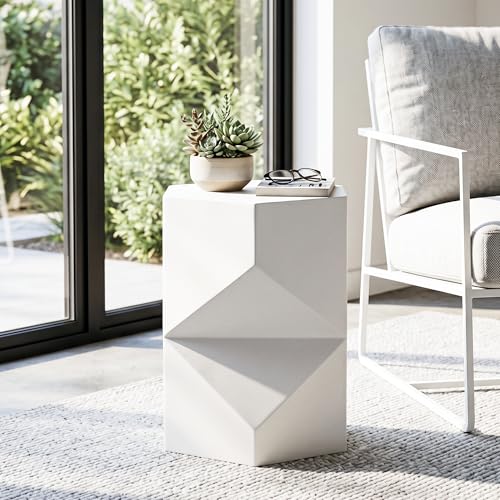 SUNBURY Outdoor Side Table, 18" Hexagon End Table w Geometric, Gloss White