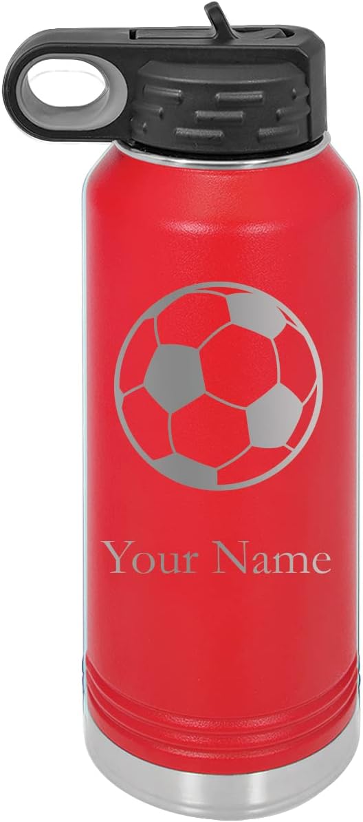 Soccer Personalized Custom Engraved Double Wall Vacuum Hot/Cold Drinks Insulated Stainless Steel Boys/Girls Sports Team Water Bottle with Flip Top Lid, Straw