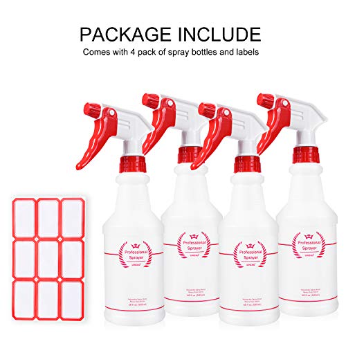 Uineko Plastic Spray Bottle (4 Pack, 16 Oz, All-Purpose) Heavy Duty Spraying Bottles Leak Proof Mist Empty Water Bottle for Cleaning Solution Planting Pet with Adjustable Nozzle and Measurements