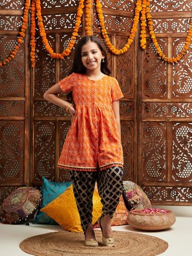 Pspeaches Girl's Cotton 1 Dhoti, 1 Kurta (Dh-Orangedobby-4-5Y_Orange