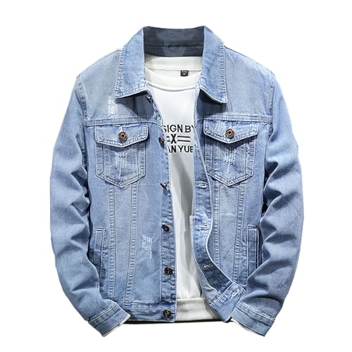 Uillui Mens Classic Blue Denim Jacket, Stylish Western Ripped Distressed Stretch Casual Cowboy Trucker Biker Jeans Jackets