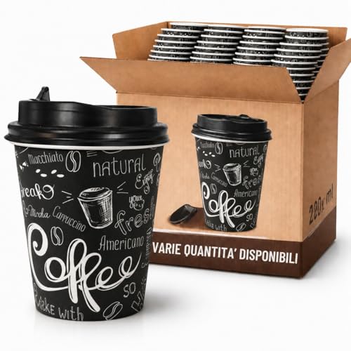 ecodrinks 200 Bicchieri di Carta con Coperchio da 240ml - Ideali per Cappuccino, Tè, Caffè - Biodegradabile e Resistenti - Per Bar, Ufficio e Asporto - Design Elegante, Black