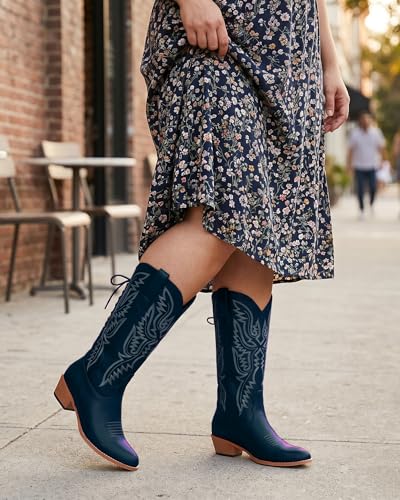 Image of Uillnoodu Wide Calf Cowboy Boots Women Adjustable Lace Up Knee High Tall Plus Size Cowgirl Boots Western Style Comfortable 2-Inch Heel