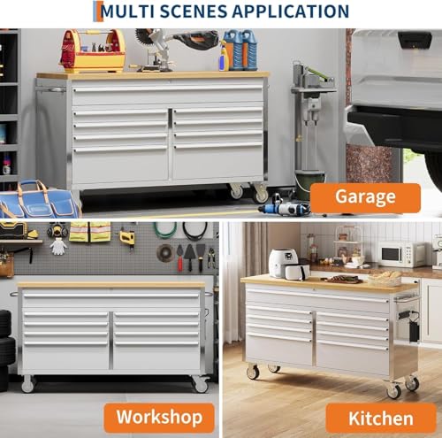 Image of 61 inch Rolling Tool Chest, Garage Workbench with 9 Drawers, Solid Rubber Wood Workbench Top, Power Strip, Locking Wheels and Key Lock, Mobile Garage Tool Cabinet for Workshop Storage, Silver