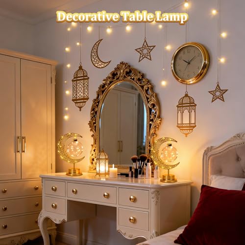 Ramadan Moon Table Lamp Crescent Lamp Ramadan Decorations Half Moon Light Battery Operated Metal Ramadan Star Lamp Lunar Lamp Eid Decorations Moon Bedside Lamp for Home Bedroom - 7