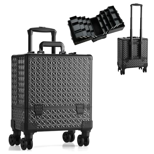 Maletín de maquillaje profesional – Carrito de salón con ruedas, caja de maquillaje y maleta de viaje para cosmetología, tecnología de uñas o almacenamiento de tatuajes (negro-8045)