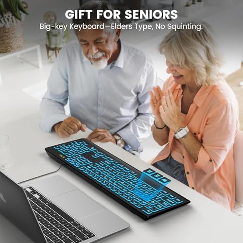 SABLUTE K11PRO Large Print Backlit Keyboard, 3X Larger Font Wired USB Lighted Computer Keyboard with 7-Color LED Illuminated Keys, Desktop Workstation Keyboard Compatible for PC Laptop Windows — view 6
