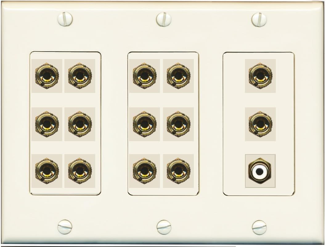 RiteAV 7.1 Surround Sound 7 Speaker 14 Banana Plug Jack Wall Plate w/RCA Subwoofer Female Connector - 3 Gang [Light Almond]