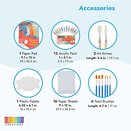 Bright Creations Acrylic Paint Set - 32-Piece Multi-Color Kit - 12 Tubes, 6-Piece Brush Set & 2 Palette Knives with Paper Palette Pad - Art Kit & Painting Supplies