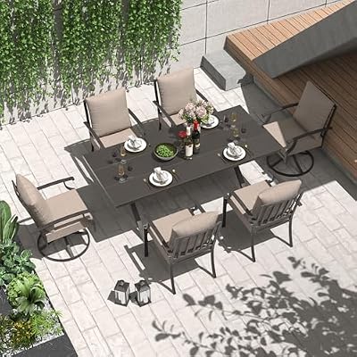Knnbxa Patio Dining Set 7 Pieces for 6,Outdoor Metal Furniture Conversation Set w/2 Swivel Chairs and Longboard Metal Dining Table with Umbrella Hole for Backyard,Garden,Poolside,Sand