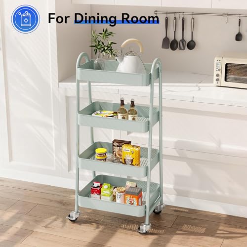 Image of OLIXIS Metal 4 Tiers Utility Rolling Cart, Mobile Storage Shelf with Lockable Caster Wheels, Organization for Livingroom, Bathroom, Kitchen, & Narrow Places, 4-Tier Green