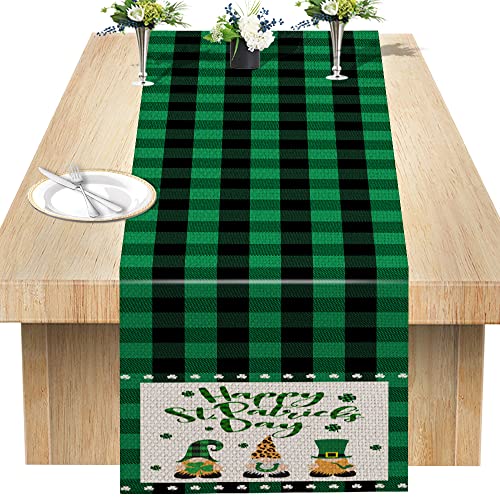 Gnomo Camino de mesa de 33 x 182,8 cm Happy St. Patrick's Day Leprechaun Holding Shamrocks Green Black Plaid Camino de mesa Cover