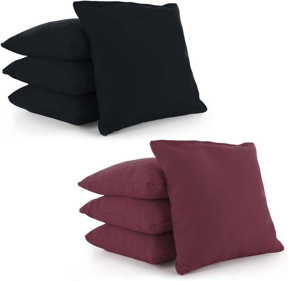 Weather Resistant Cornhole Bean Bags Set of 8 by Tailor Spot Resin Filled Regulation Size (Black-Burgundy)