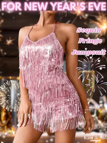 Image of Kaei&Shi Sequin Fringe Romper,Sparkly Glitter Metallic Jumpsuits For Women,Backless Shorts Dress Disco Birthday Dance Outfit