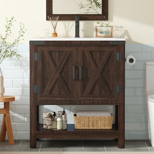 AMERLIFE 24" Farmhouse Bathroom Vanity with Sink Combo, Wood Barn