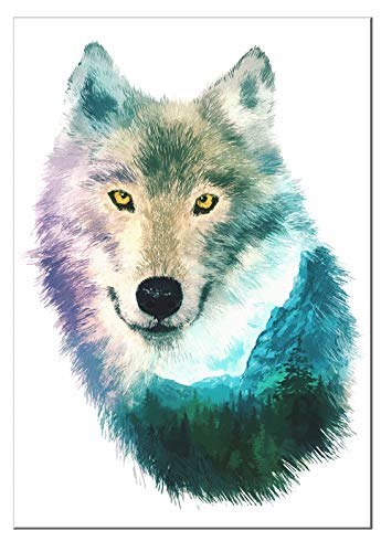 7Dots Art. Double Exposition. Watercolor Art Print, Poster 12"X10" (A4) On Fine Art Thick Watercolor Paper For Living Room, Bedroom, Bathroom. Wall Art Decor With Animals For Boys, Girls. (Wolf) #TOP27