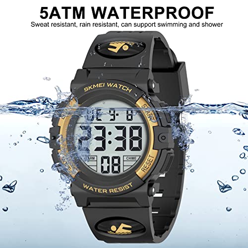 Woodcat Kids Digital Watch,Sports Waterproof Watches For Boys 7 Colorful Led Casual Electronic Multifunctional Chronograph Wristwatch With Calendar Alarm Stopwatch(Black Gold) #TOP2