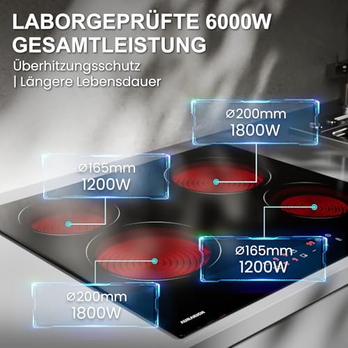 AURAKICH Glaskeramikkochfeld 4 Platten, Einbau-Kochplatte mit Abriebfeste Glaskeramik, 2 Jahre Garantie, 59cm, 6000W Touch, 9 Leistungsstufen, Timer 1-99 Min, Kindersicherung, für alle Töpfe