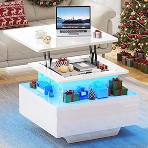 YITAHOME Couchtisch Höhenverstellbar mit LED Beleuchtung Modern, 60x60x45cm, Wohnzimmertisch Hochglanz mit Offenem Ausstellungsregal und 2 Schubladen