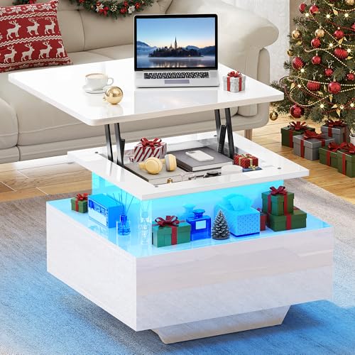 YITAHOME Couchtisch Höhenverstellbar mit LED Beleuchtung Modern, 60x60x45cm, Wohnzimmertisch Hochglanz mit Offenem Ausstellungsregal und 2 Schubladen YITAHOME Couchtisch Höhenverstellbar mit LED Beleuchtung Modern, 60x60x45cm, Wohnzimmertisch Hochglanz mit Offenem Ausstellungsregal und 2 Schubladen