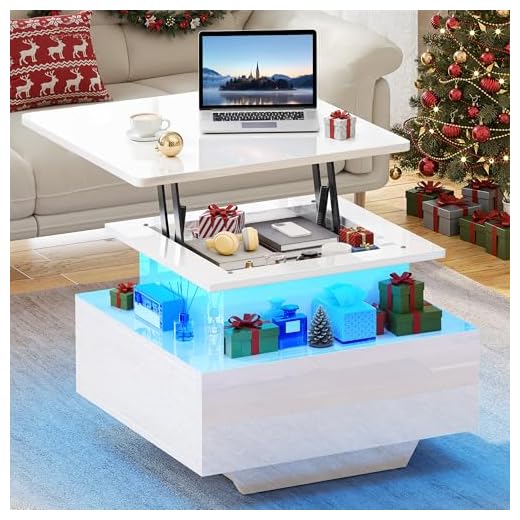 YITAHOME Couchtisch Höhenverstellbar mit LED Beleuchtung Modern, 60x60x45cm, Wohnzimmertisch Hochglanz mit Offenem Ausstellungsregal und 2 Schubladen