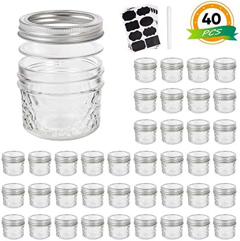 Mason Jars, Canning Jars,Glass jars,4 OZ Jelly Jars With Regular Lids and Bands๏ผSilver),Ideal for Honey,Jam,spices,Wedding Favors,Shower Favors,Baby Foods,Pack of 40
