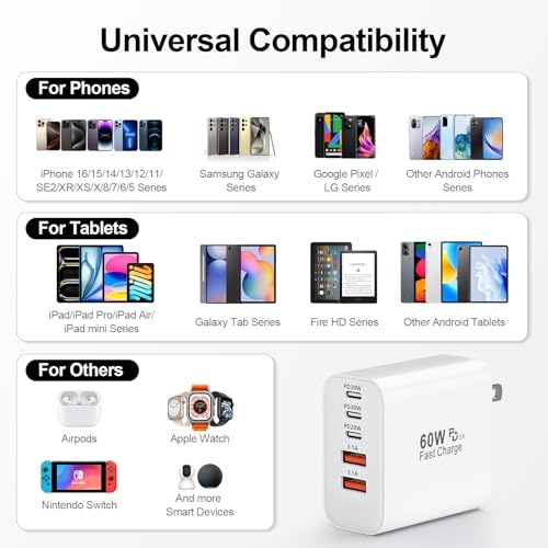 Image of USB C Charger Block, 60W 5-Port Type C Charger Fast Charging Blocks | USBC Multiple Port Wall Charger Plug for iPhone 17 /16 /15 /14 /13 /12 /11 Pro Max, Samsung Galaxy, Android Phone, iPad (White)