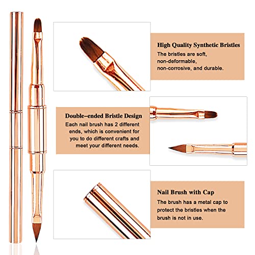 Jerclity 5Pcs Rose Gold Alloy Double-Ended Nail Art Brushes Set Nail Lace Brushes Round Flat Gel Builder Brush Nail Carving Pen Nail Liner Brush 3D Painting Brush Nail Design Tools For Acrylic Nails #TOP3