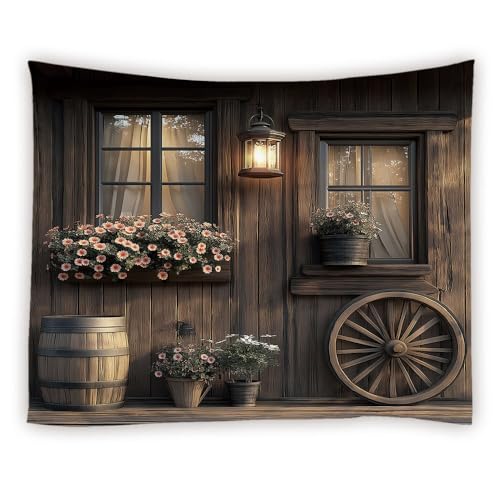 Rustic Barn Door Tapestry Farmhouse Country Wooden Plank Lodge Floral Vintage Old Gate Retro Wood Wheel Lantern Tapestries Wall Hanging for Bedroom Living Room Dorm Background Cloth,48Wx36LInch