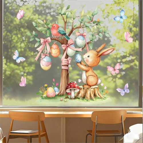 Fensteraufkleber Ostern Selbstklebend – Wiederverwendbare Fensterbilder mit Hasen & Ostereiern | Doppelseitige PVC Oster-Fenstersticker für Kinderzimmer, Osterdeko, Spiegel & Glas (A)